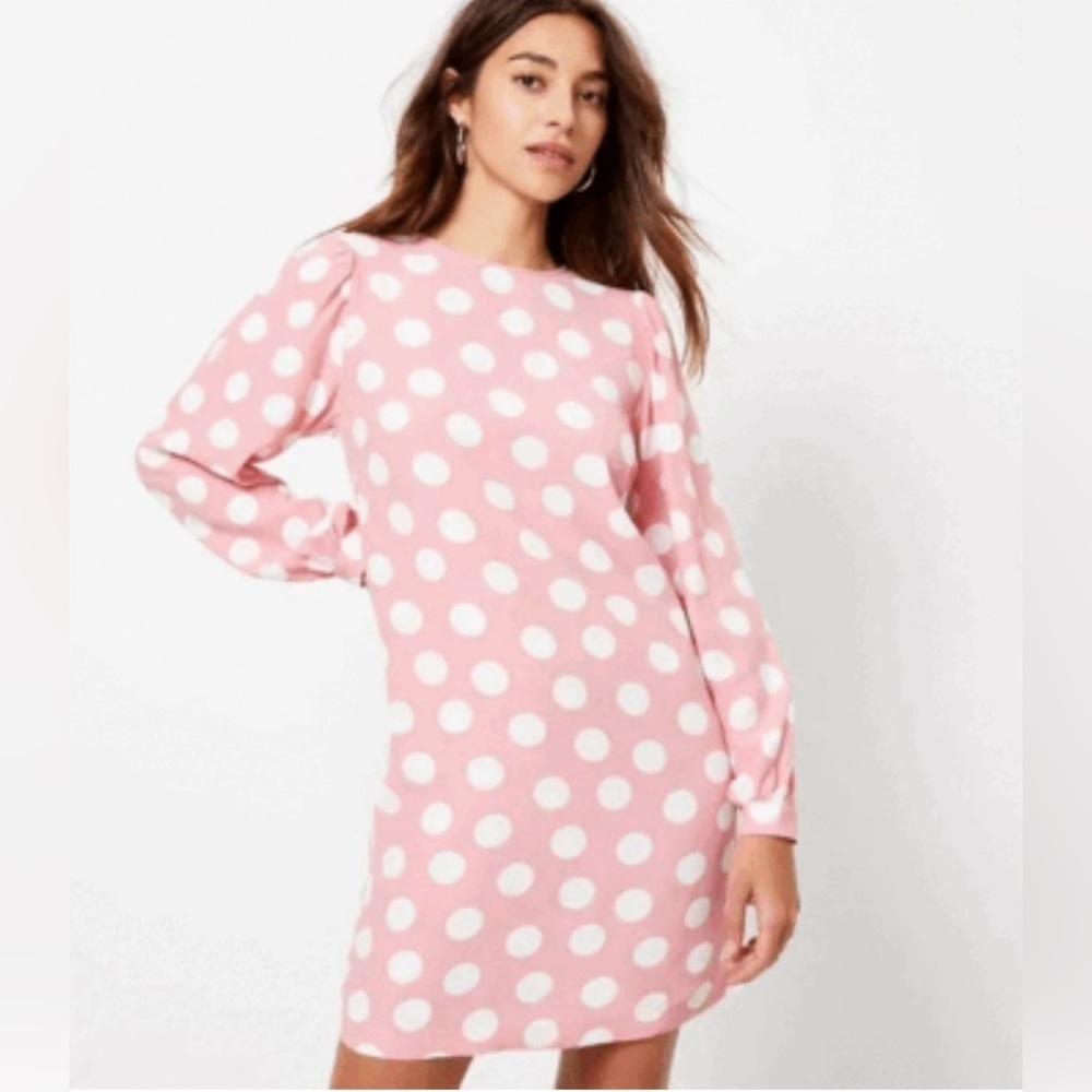 LOFT Pink and White Polka Dot Long Sleeve Dress